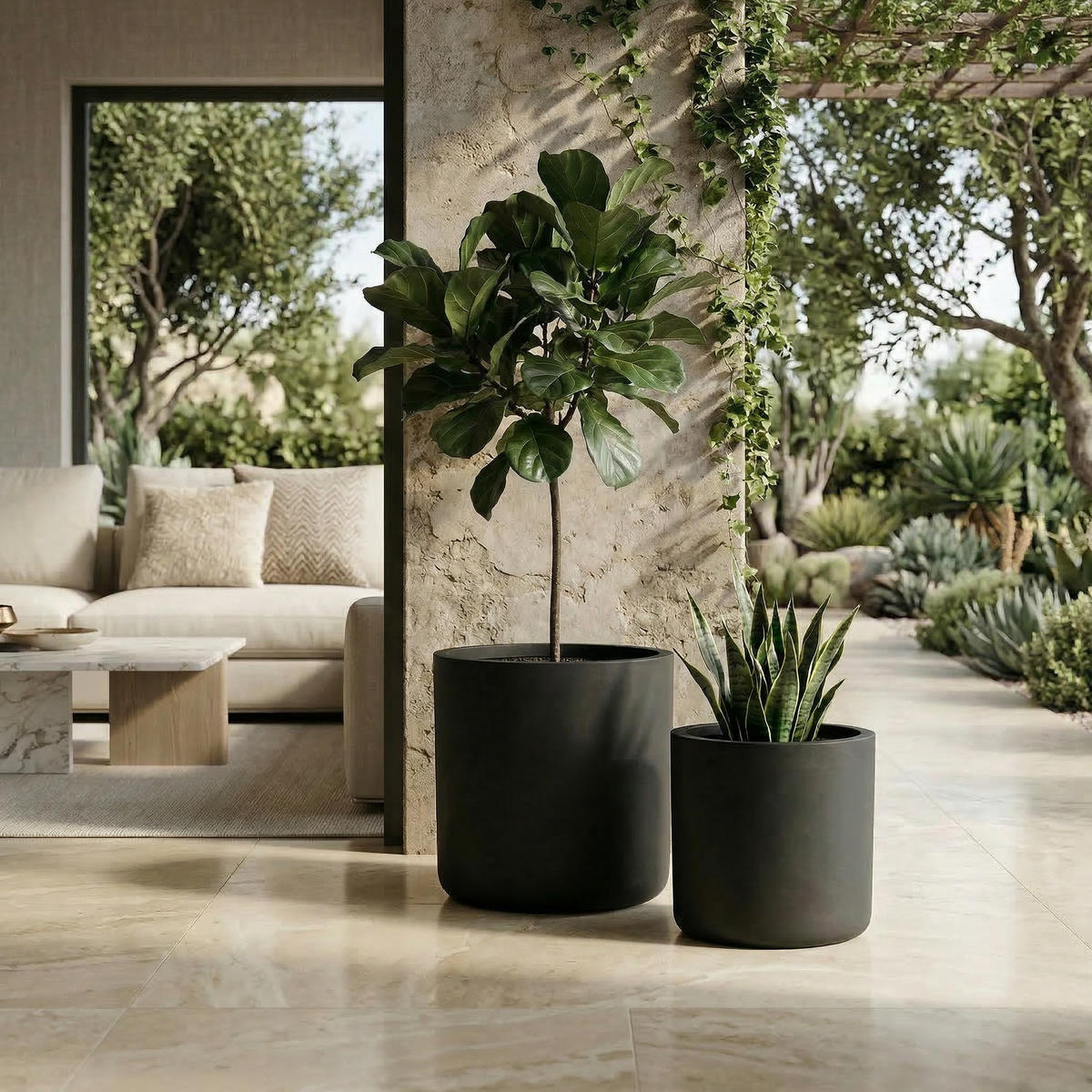 PFLANZENTOPF-SET Beton, schwarz, Ø 34 & 40 cm, für Garten & Terrasse - Schwarz, Keramik (33.8/32.3cm) - Biohort