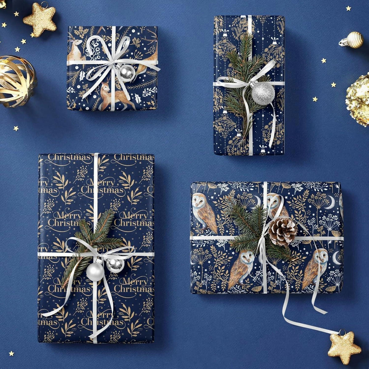 GESCHENKPAPIER 4 Rollen Set Kraftpapier Weihnachtsmotive 43,2 cm x 3 m - Multicolor, Papier (4/44/15cm)