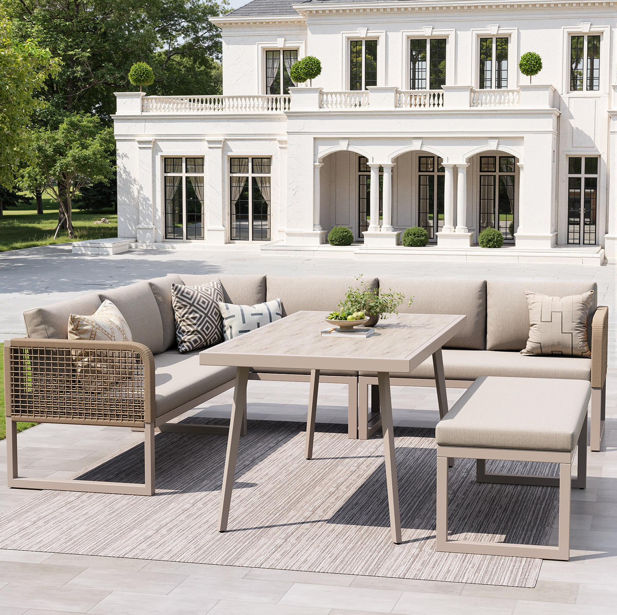 GARTENLOUNGE-SET, PE-Rattan mit Tisch & Sitzkissen, 5-teilig, 121,5/61/77 cm, Beige - Beige, Kunststoff - Redom