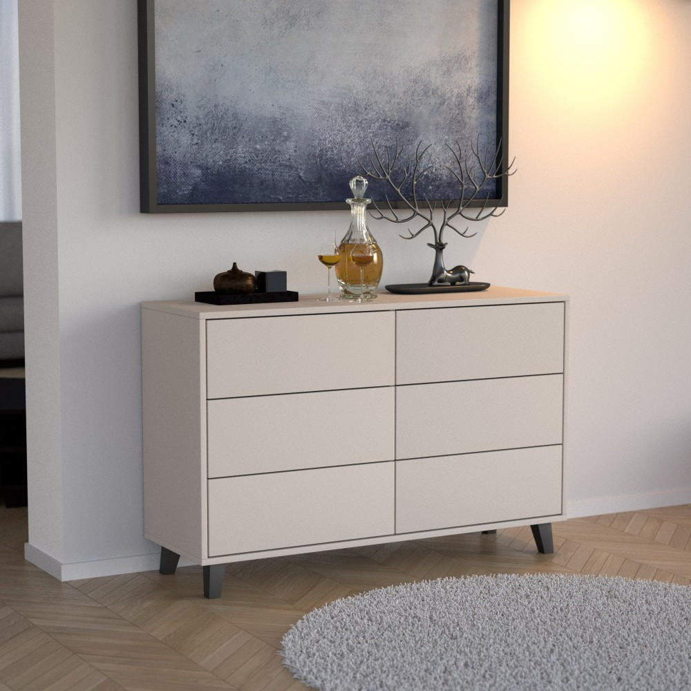 KOMMODE Home mit 6 Schubladen, 120 cm, ohne Griffe, Kaschmir - Kaschmir/Schwarz, Holzwerkstoff (120/80/40cm) - Beautysofa