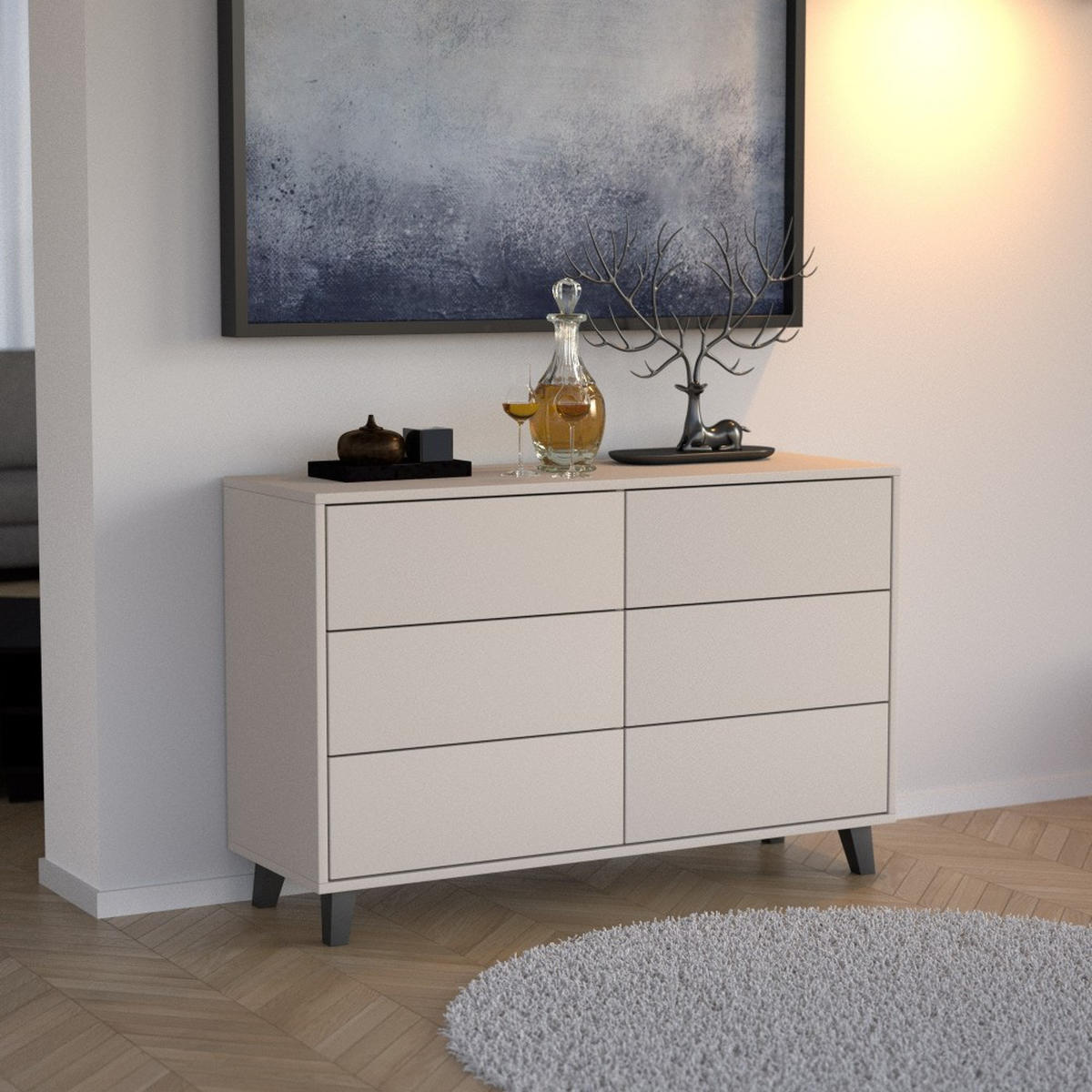 KOMMODE Home mit 6 Schubladen, 120 cm, ohne Griffe, Kaschmir - Kaschmir/Schwarz, Holzwerkstoff (120/80/40cm) - Beautysofa