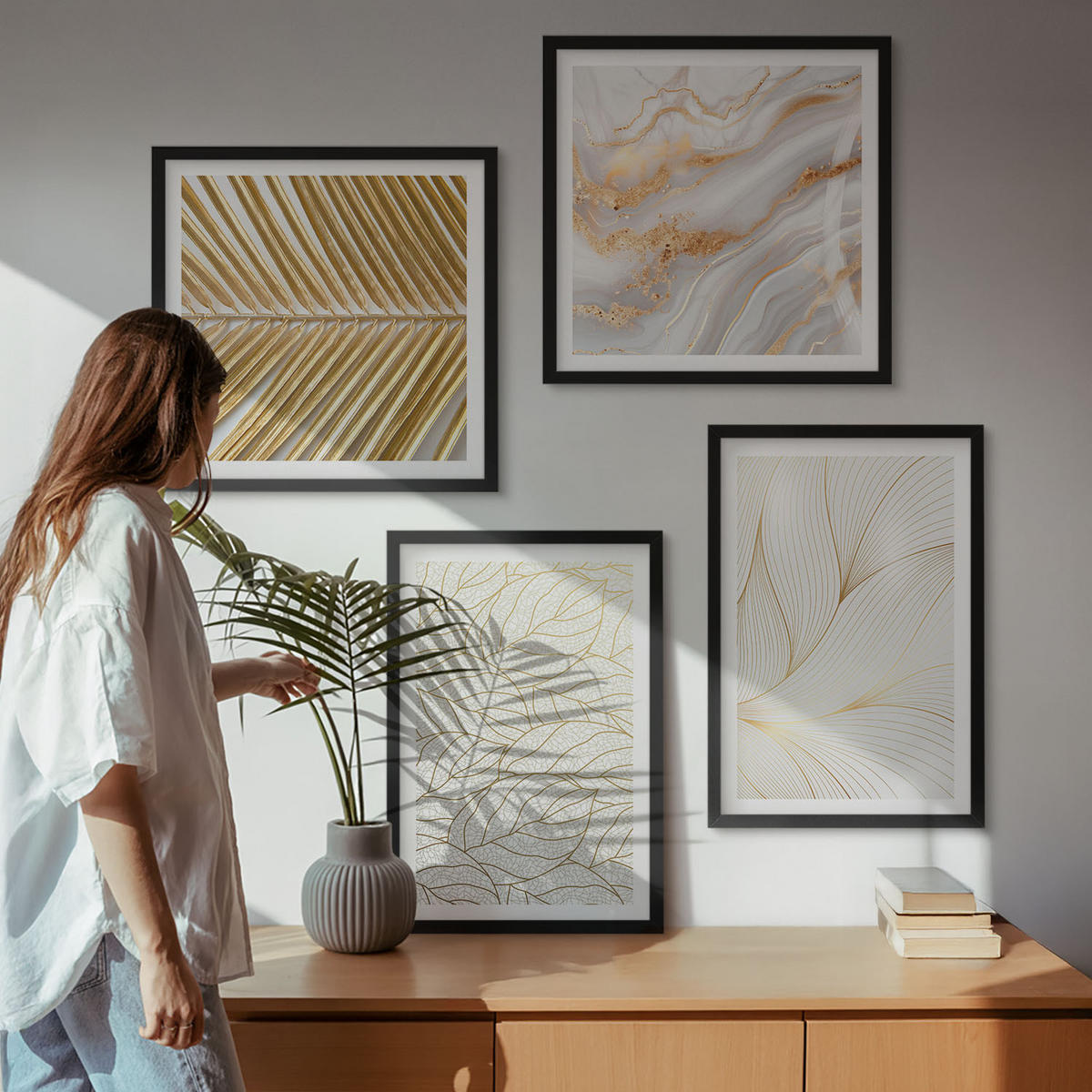 WANDBILDER 4er-Set - 50x50 cm & 40x60 cm Schwarzer Rahmen - Blattmuster Marmor abstrakt - Schwarz, Kunststoff (50/50cm) - ArtPrintCave