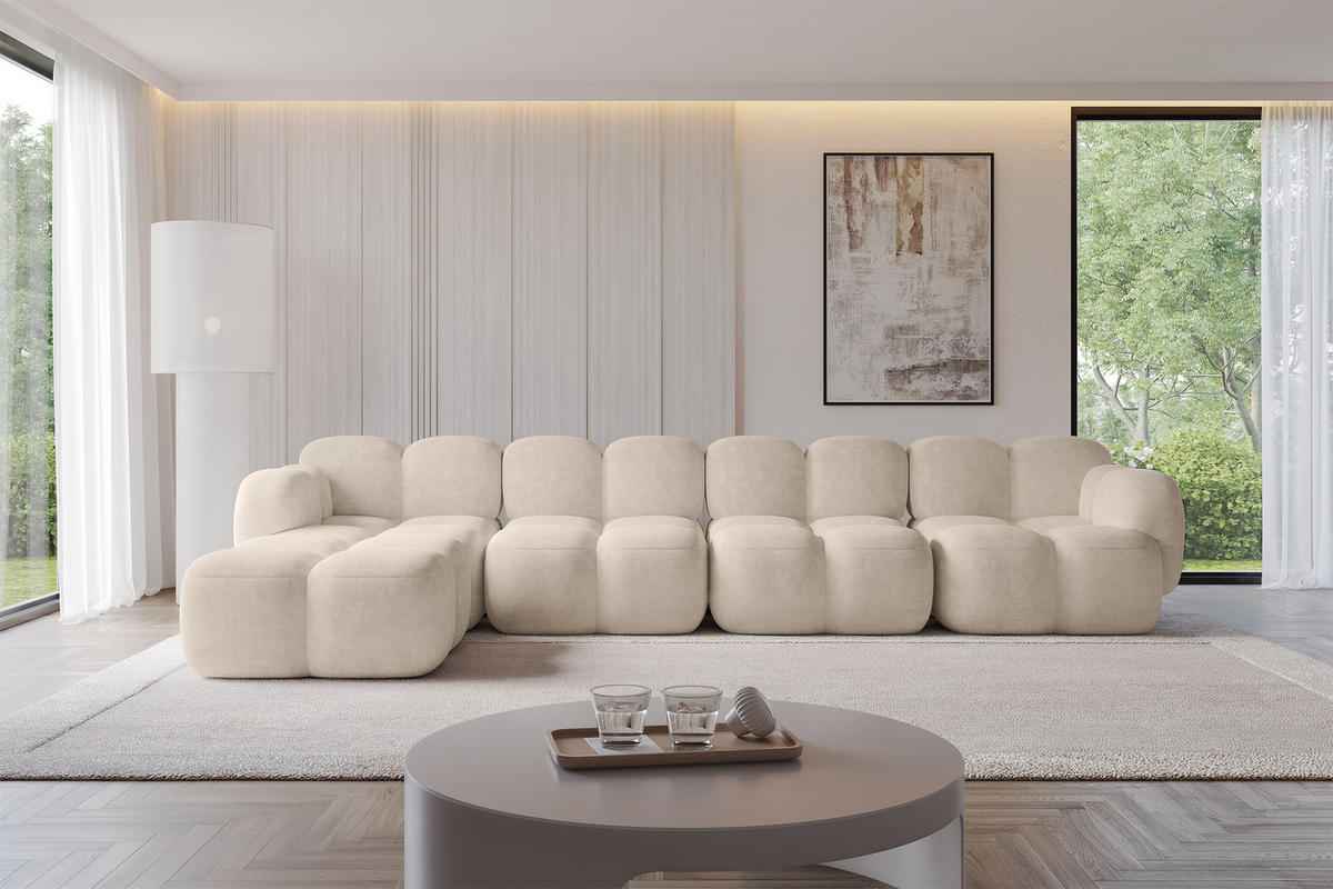 ECKSOFA modulares Sofa Links Miko-L3 390x205x75 Beige Velours - Ecru/Schwarz, Holzwerkstoff/Kunststoff (390/205cm) - ALTDECOR
