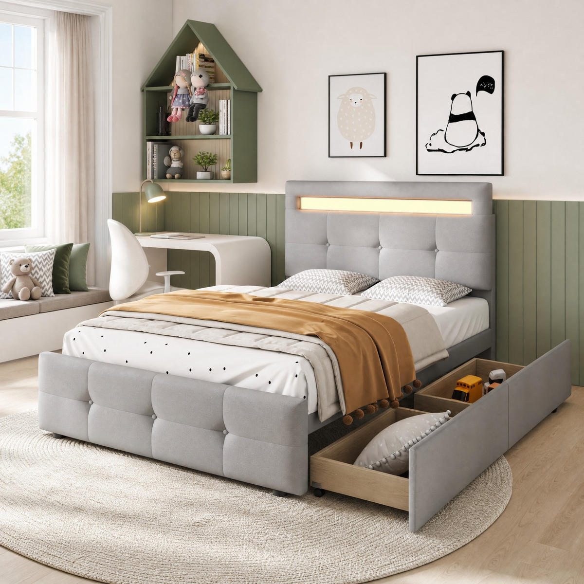 POLSTERBETT 90/200 mit LED, 2 Schubladen und Lattenrost in Grau - Grau, Holzwerkstoff/Textil (90/200cm) - EVRYAE