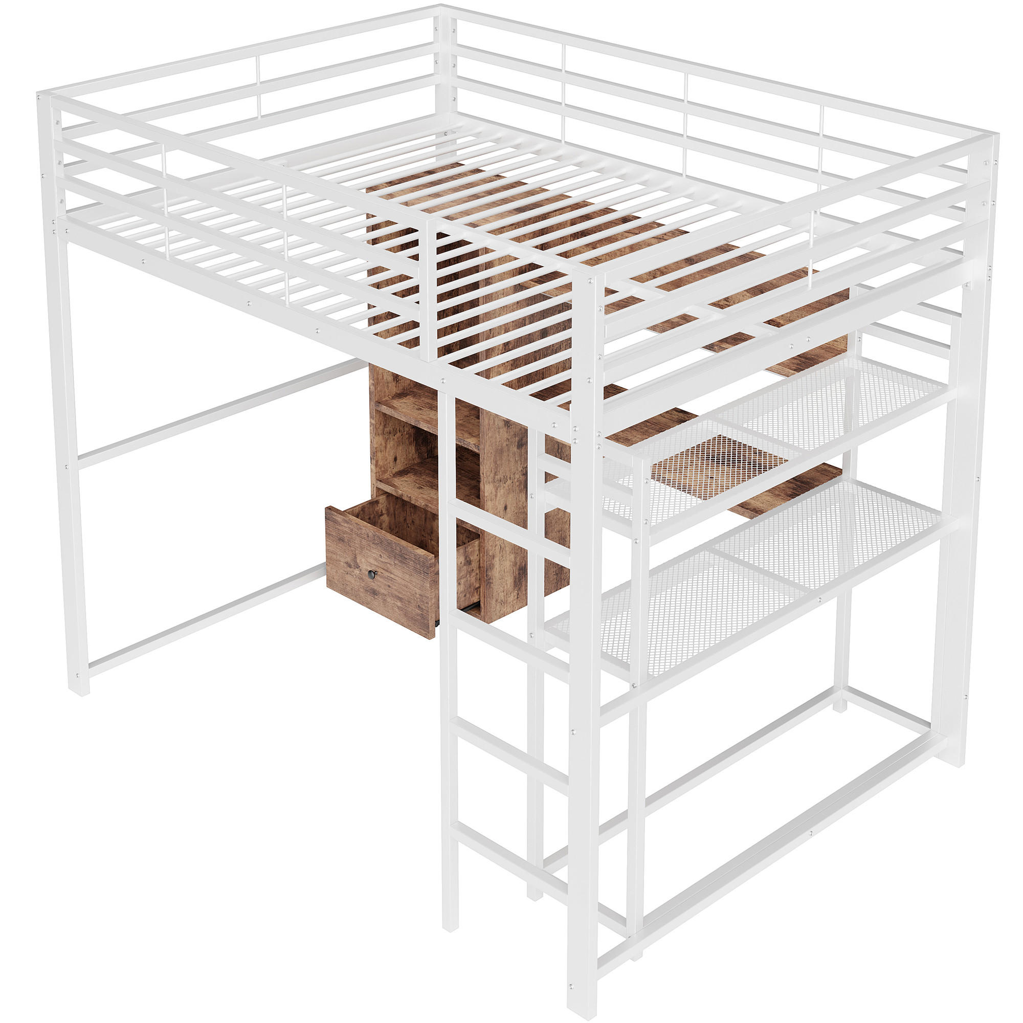 HOCHBETT 140/200 cm Weiß mit LED-Beleuchtung und Schreibtisch aus Metall und MDF - Weiß, Holzwerkstoff (140/200cm) - OKWISH