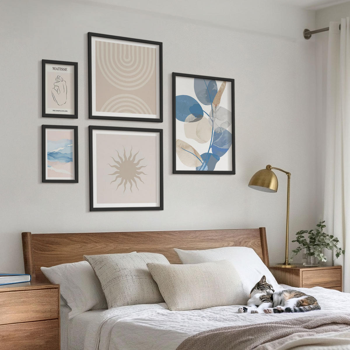 WANDBILDER 5er-Set - 50x50 cm & 20x30 cm & 40x60 cm Schwarzer Rahmen - Linien, Wellen, Pastellfarben, minimalistisch - Schwarz, Kunststoff (40/60cm) - ArtPrintCave