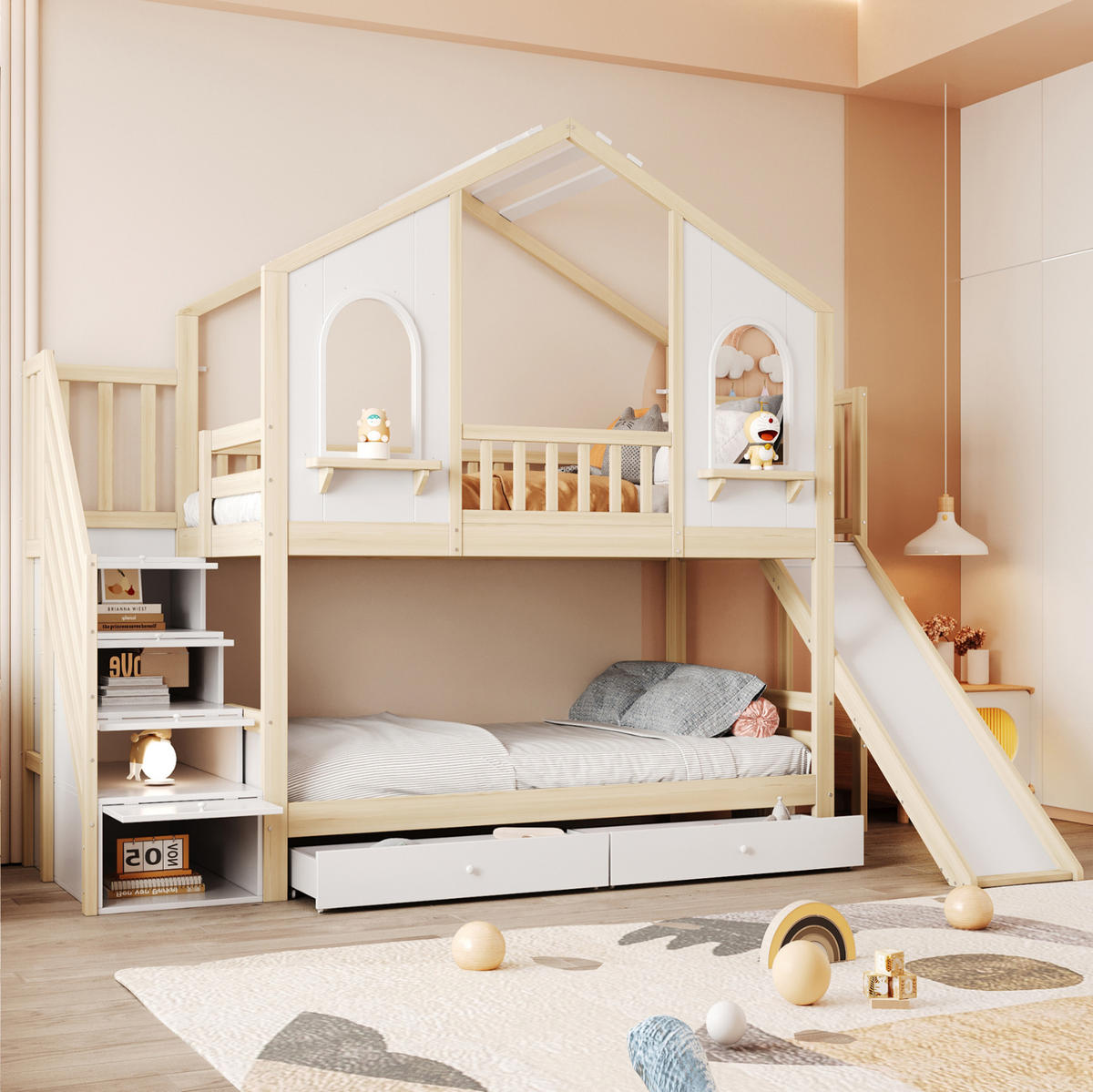 ETAGENBETT Hausform 90/200 cm, Weiß/Naturholz mit Rutsche - Naturfarben, Holz (90/200cm) - MIVRAY