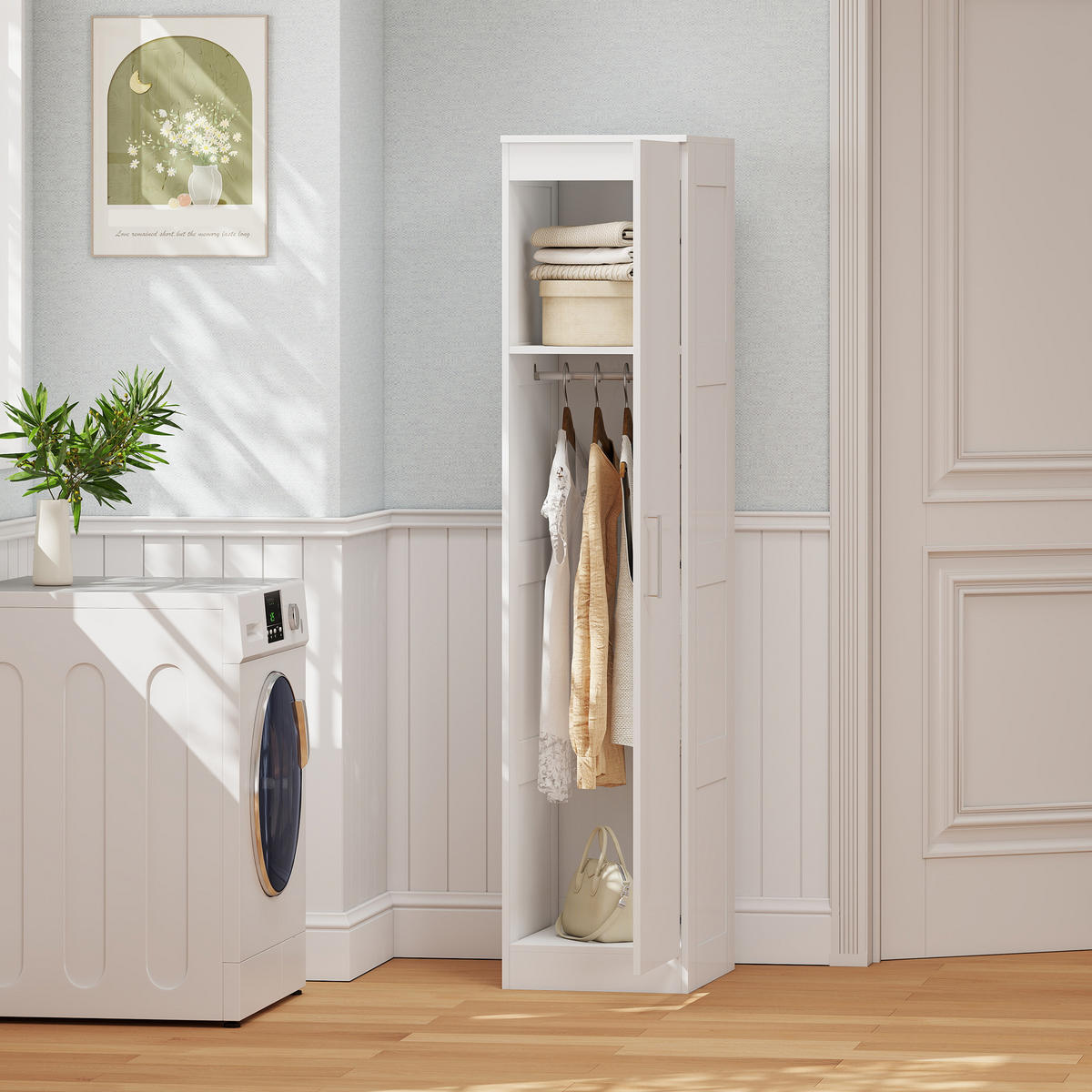 KLEIDERSCHRANK Mehrzweckschrank mit Kleiderstange, Regal, Soft-Close-Tür Weiß - Weiß, Holzwerkstoff (40/180/52cm) - HOMCOM