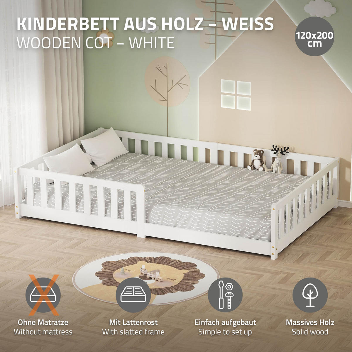 KINDERBETT 120x200 cm Weiß aus Kiefernholz - Weiß, Holz (200/120cm) - ML-DESIGN