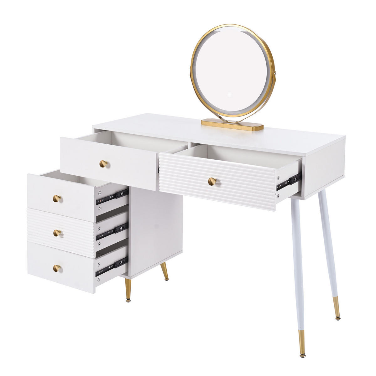 SCHMINKTISCH 100/40/78 cm in Weiß mit LED-Beleuchtung und flexiblem Seitenschrank - Weiß, Holzwerkstoff (40/78.5/100cm) - Flora Grace