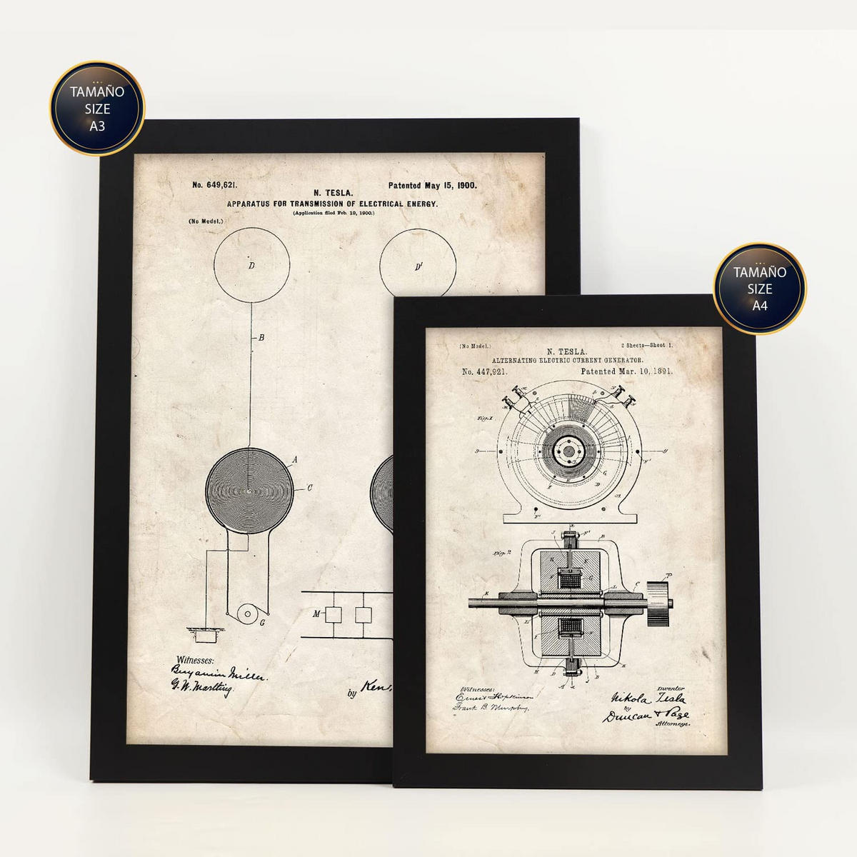 POSTER Set Mit 6 Plakaten Mit Strom 1 Patenten Im Vintage Stil A3 & A4 Schwarzer Rahmen - Schwarz, Papier (29/3cm) - Nacnic