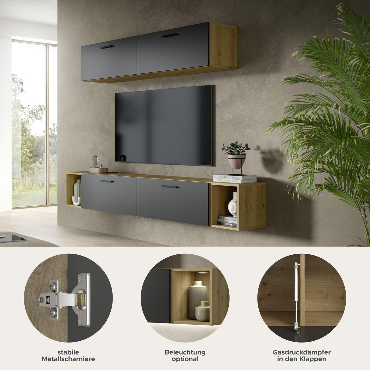 WOHNWAND The One Basalt grau 202/34/184 cm - Braun, Holzwerkstoff (202/184/34cm) - Xonox