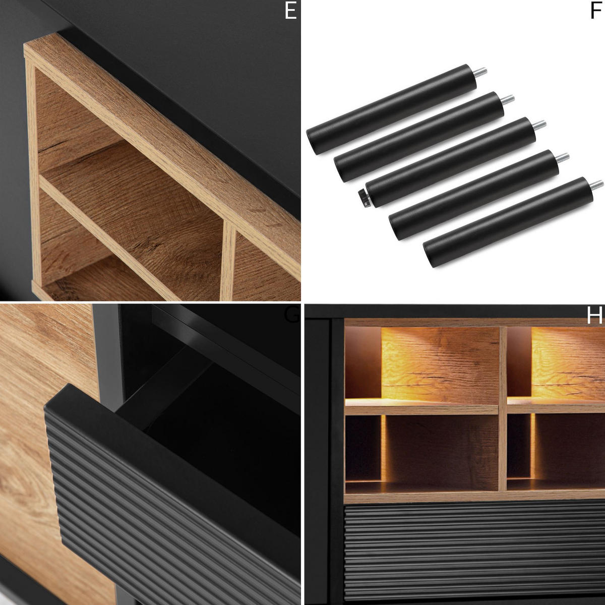 LOWBOARD LOFTY Loft-Stil, schwarz - Eichefarben/Schwarz, Holzwerkstoff (152/59/41cm) - KONSIMO®