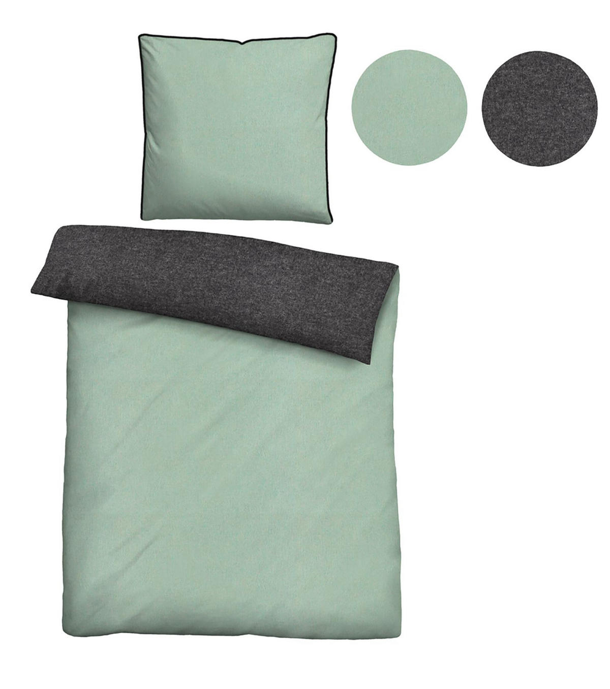 BETTWÄSCHE-GARNITUR Biber Melange UNI mint, 155x200 cm + 80x80 cm - Mintgrün, Textil (155/200cm) - biberna