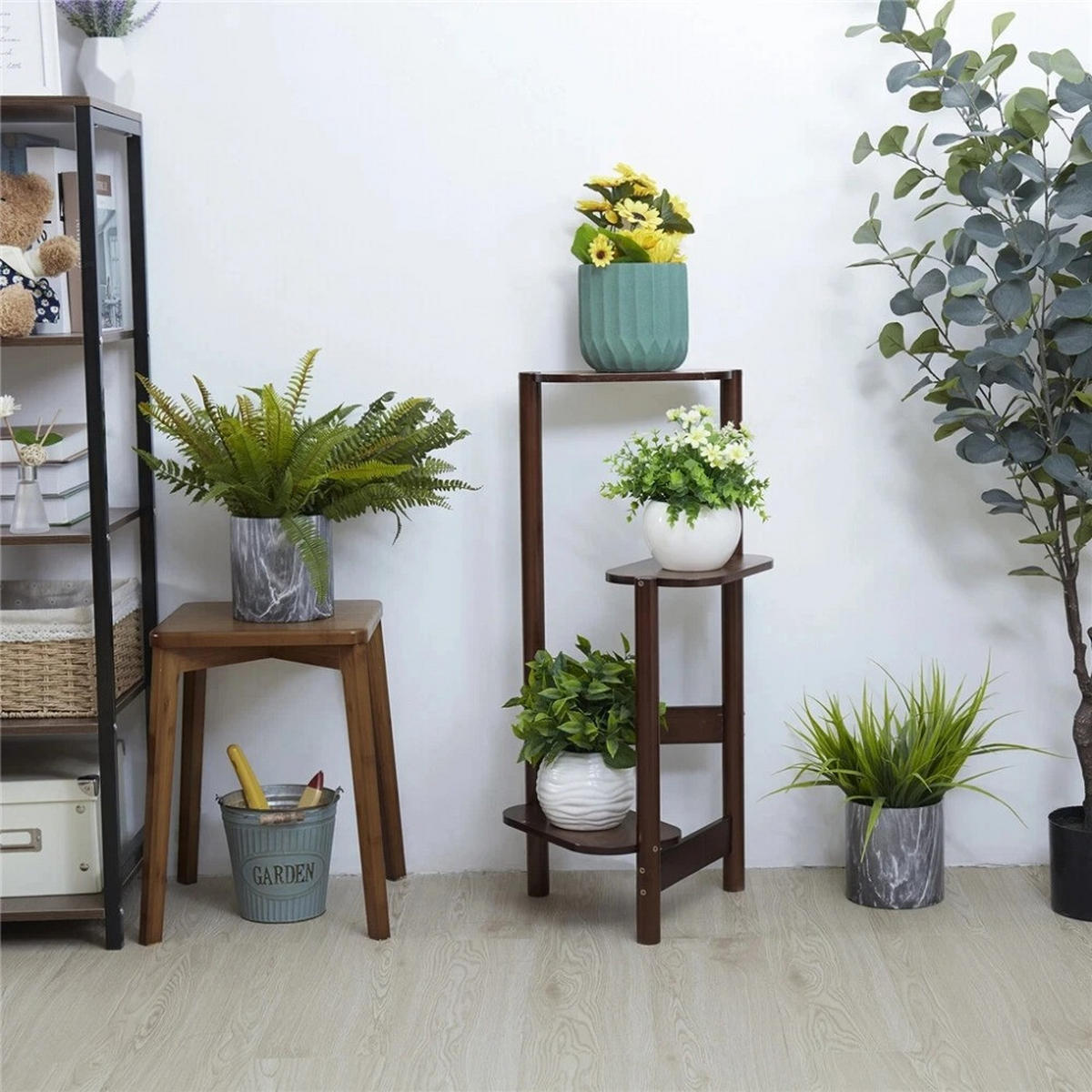 PFLANZENREGAL 3-Tier Bambus für Ecke Balkon und Schlafzimmer, Braun - Braun, Holzwerkstoff (30.48/75/27.4cm) - Kaket