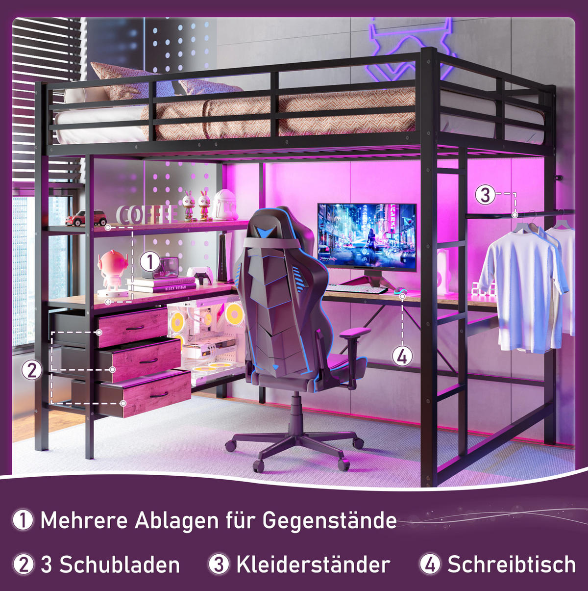 HOCHBETT aus Metall und MDF 140x200 cm Schwarz mit Schreibtisch, LED, USB und 3 Schubladen - Schwarz, Metall (90/190cm) - IVMEU