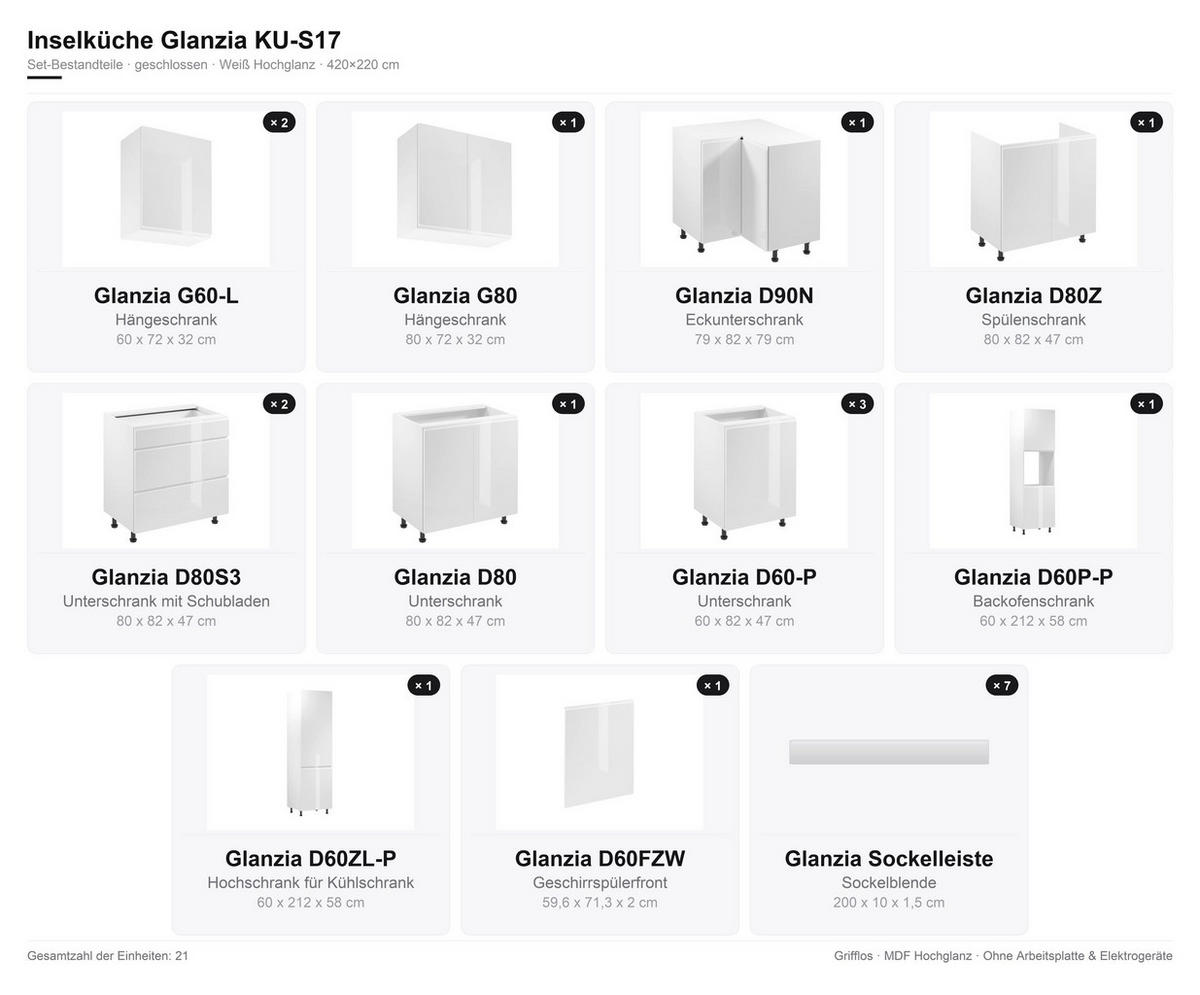 INSELKÜCHE 420x220 cm Glanzia – KU-S17 – Weiß – Hochglanz - Weiß Hochglanz, Holzwerkstoff (420/212/220cm) - hi-markt