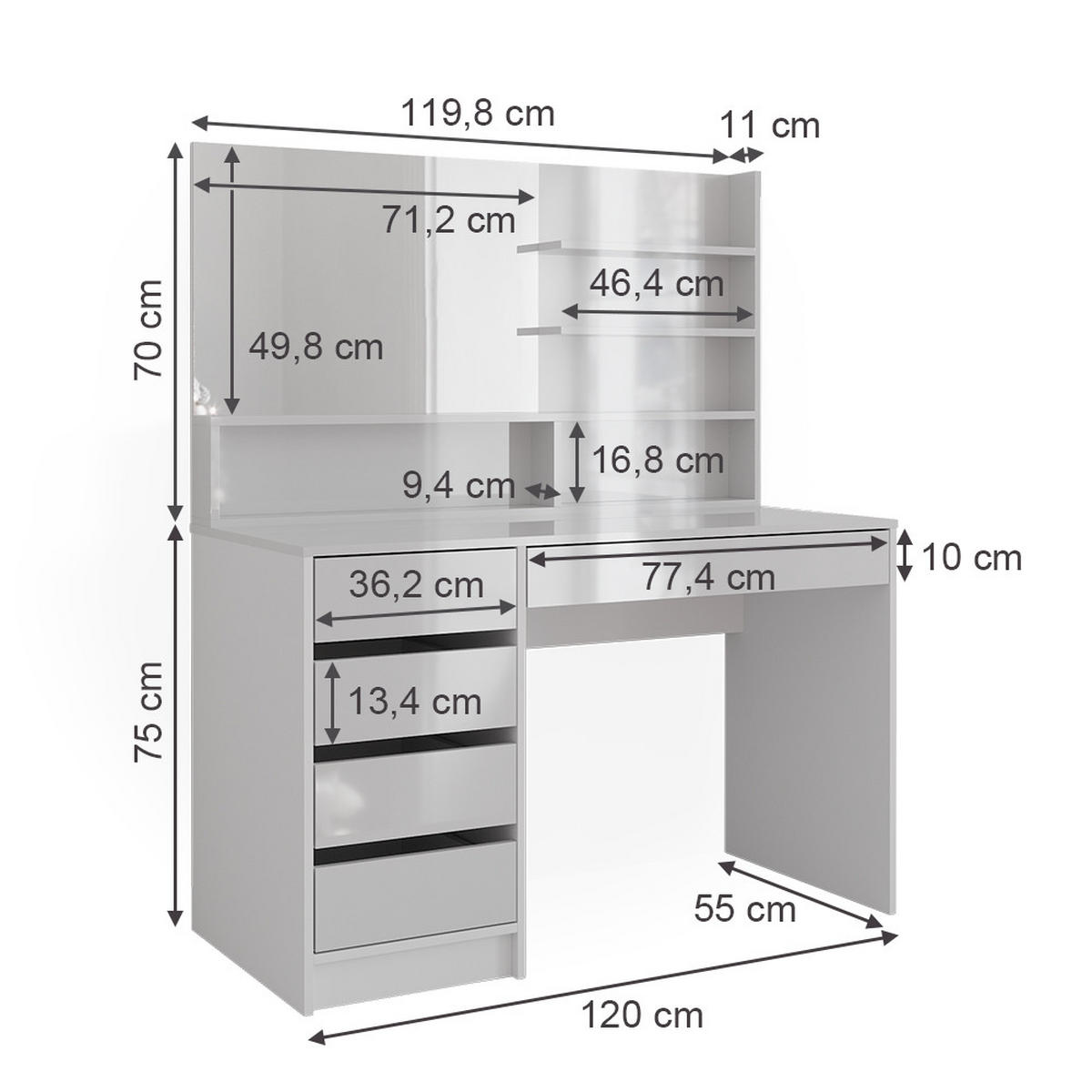 SCHMINKTISCH Sherry Weiß 145 cm mit Spiegel - Weiß, Holzwerkstoff (55/75/145cm) - Vicco