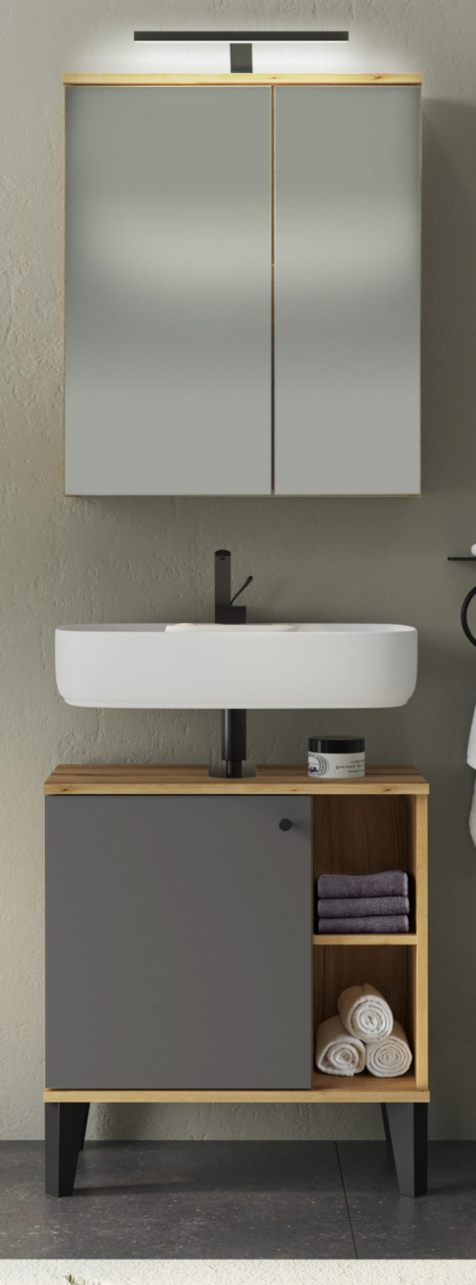 BADMÖBEL-SET 2-teilig grau, Evoke Eiche, Badkombination, 60 cm - Eichefarben/Grau, Glas/Holzwerkstoff (60/190/33cm) - Furn.Design