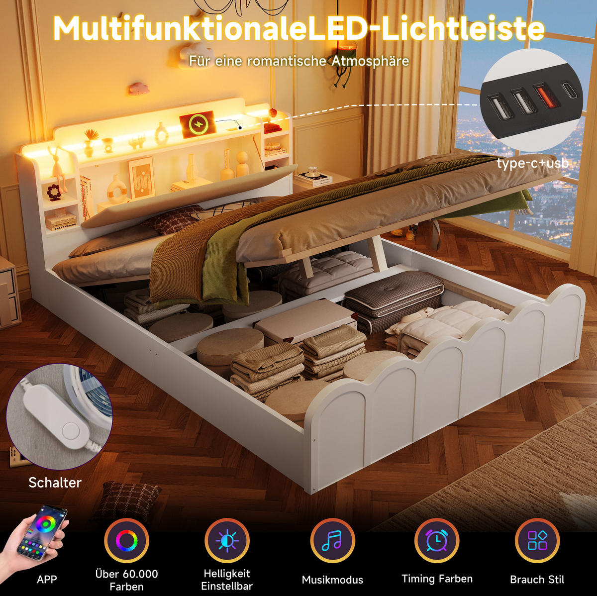 POLSTERBETT 140/200 cm mit LED-Beleuchtung, USB-C und Bettkasten in Weiß - Weiß, Holzwerkstoff (140/200cm) - BEAOK
