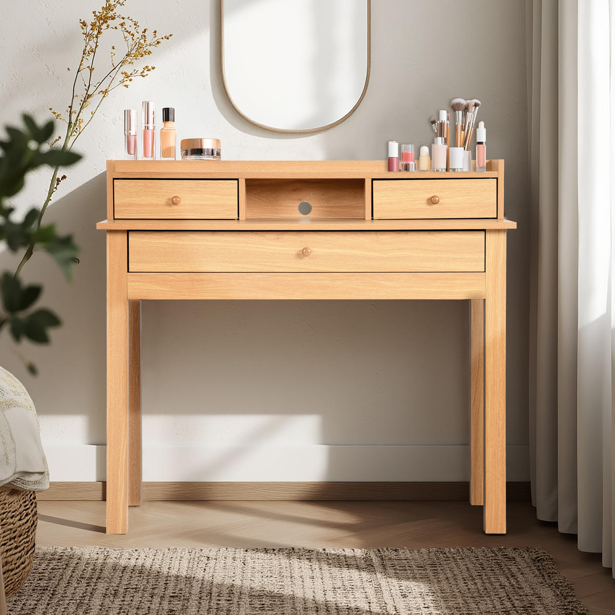 SCHMINKTISCH Holzoptik mit Schubladen & Ablage - Braun, Holzwerkstoff (50/90/100cm) - Urban Meuble