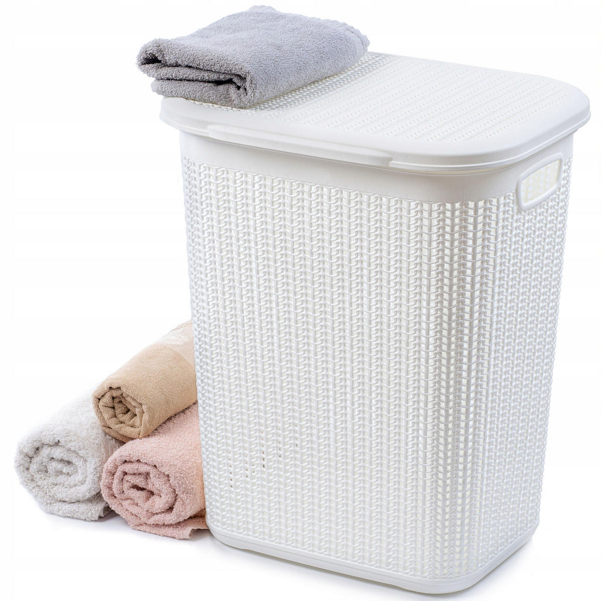 KADAX Wäschekorb 50L großer Kunststoffbehälter mit Deckel weiß - Weiß, Kunststoff (44.5/37/54cm) - KADAX