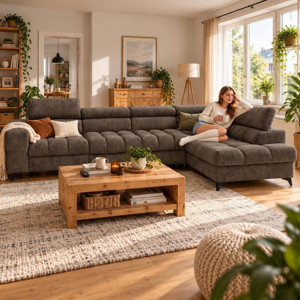 ECKSOFA PUDDING MAXI L Rechts mit Schlaffunktion 125x195 Velours Braun - Schwarz/Braun, Holz/Textil (203/350cm) - Muffo