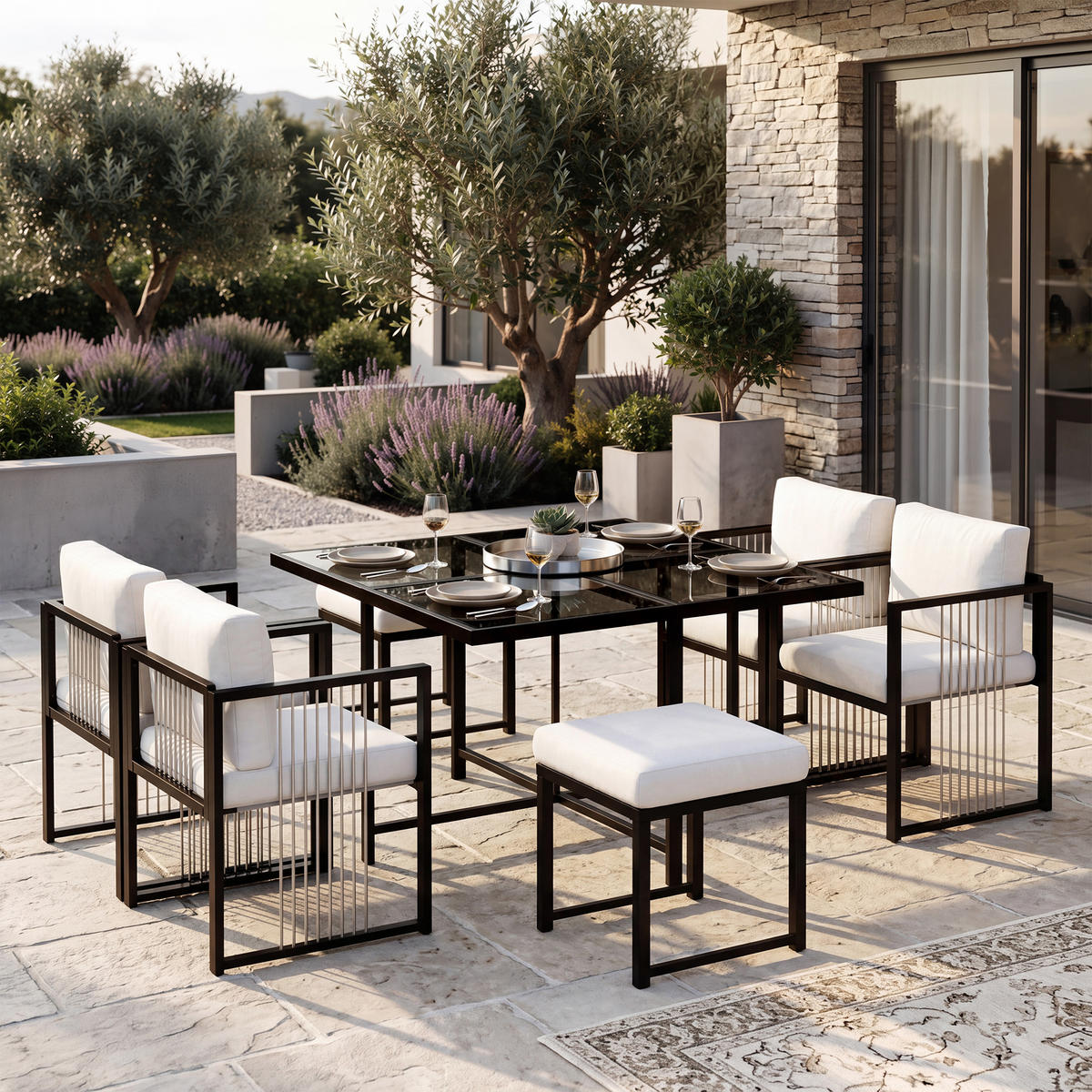 GARTENMÖBELSET 7tlg 6 Personen Glastisch Terrasse Outdoor - Multicolor, Metall - FLIEKS