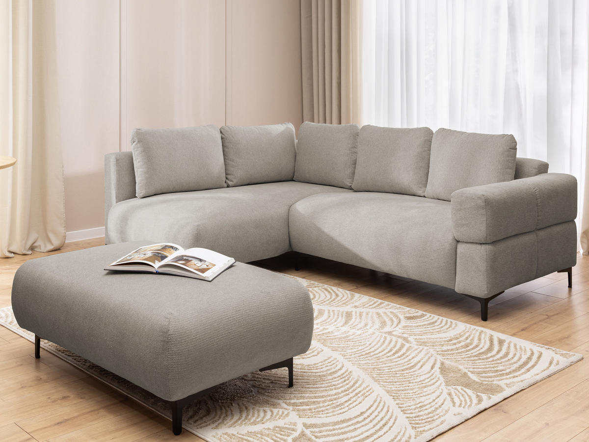 ECKSOFA inkl. Hocker Cardea mit Schlaffunktion in Bubble-Optik aus weichem Taupe Strukturstoff und hohem Sitzkomfort - Ottomane links - Taupe/Schwarz, Holz/Textil (170/230cm) - S-Style Möbel