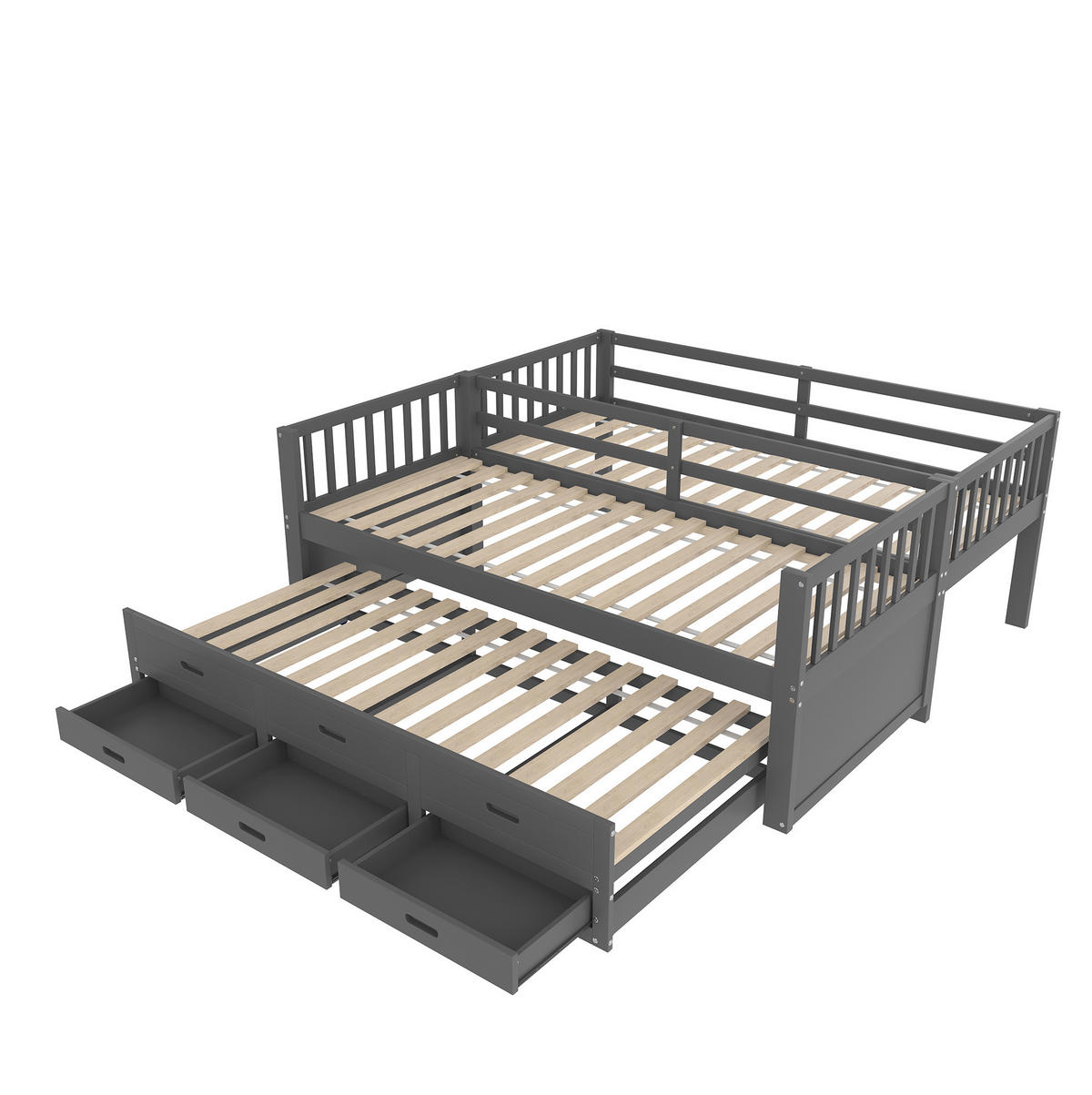 ETAGENBETT 90/200 cm mit Ausziehbett, 3 Schubladen und Leiter aus Kiefernholz und MDF, Grau - Grau, Holzwerkstoff (90/200cm) - Redom
