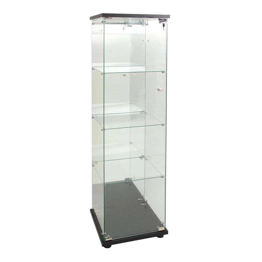 VITRINE - Glasvitrine mit 4 Ebenen - integrierte LED-Beleuchtung - Schwarzer Holzboden - Schwarz, Glas (42.5/164/36.5cm) - DELFA