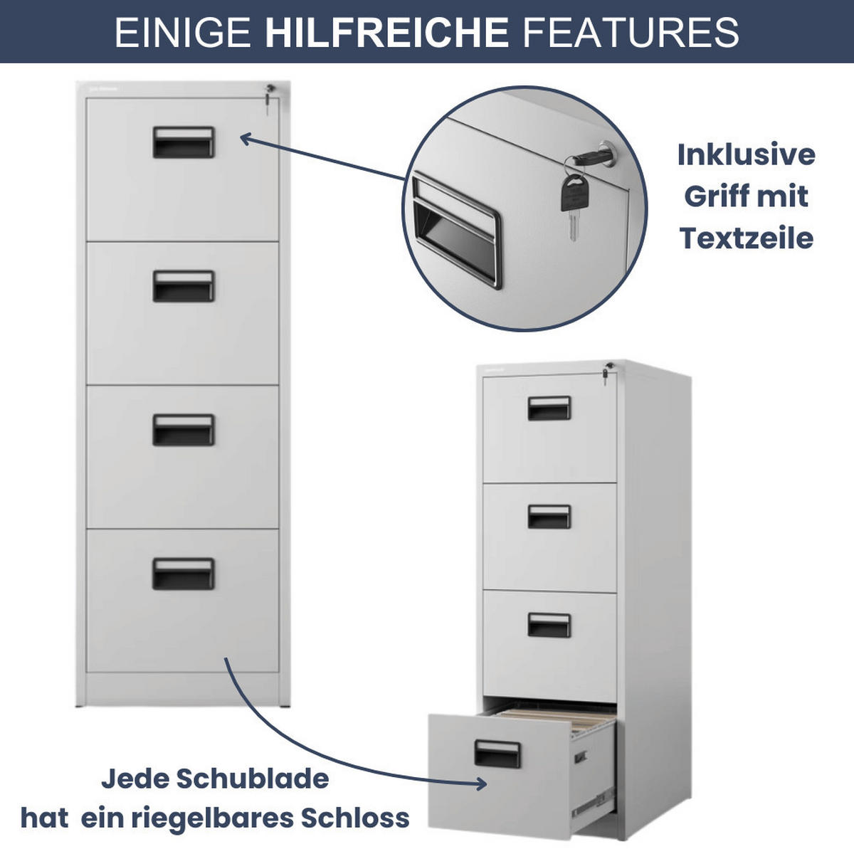 HÄNGEREGISTERSCHRANK abschließbar SARA 4 Schubladen 132x46x62cm Grau - Grau, Metall (46/132/62cm) - Jan Nowak