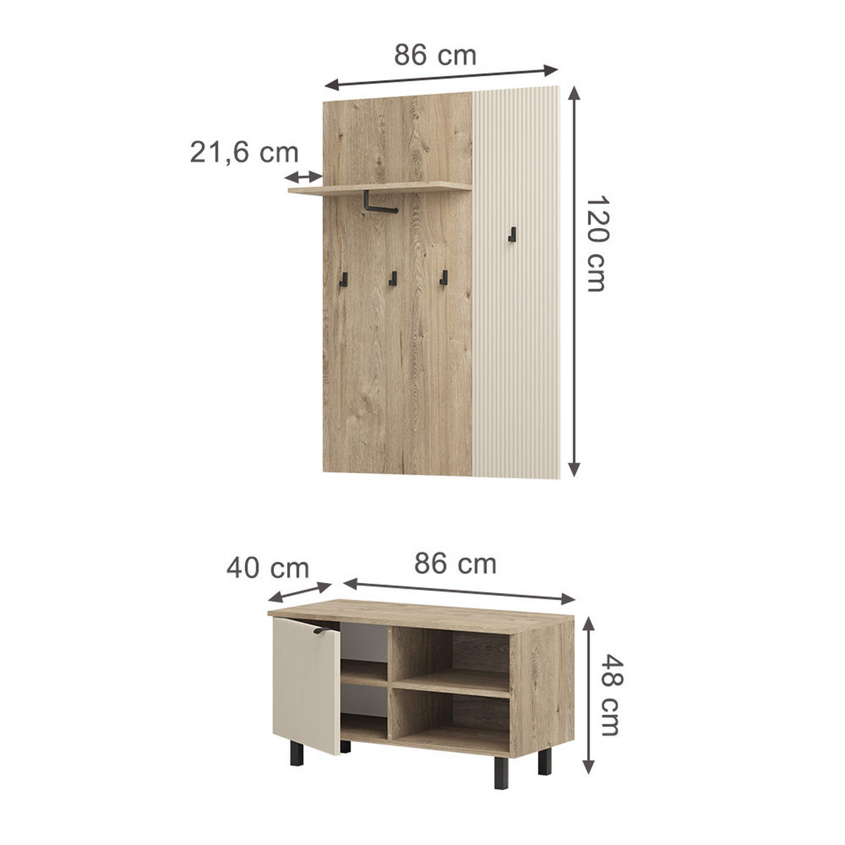 GARDEROBE Puerto, Eiche/Cashmere, 2-er Set - Kaschmir/Eichefarben, Holzwerkstoff (86/48/40cm) - Vicco