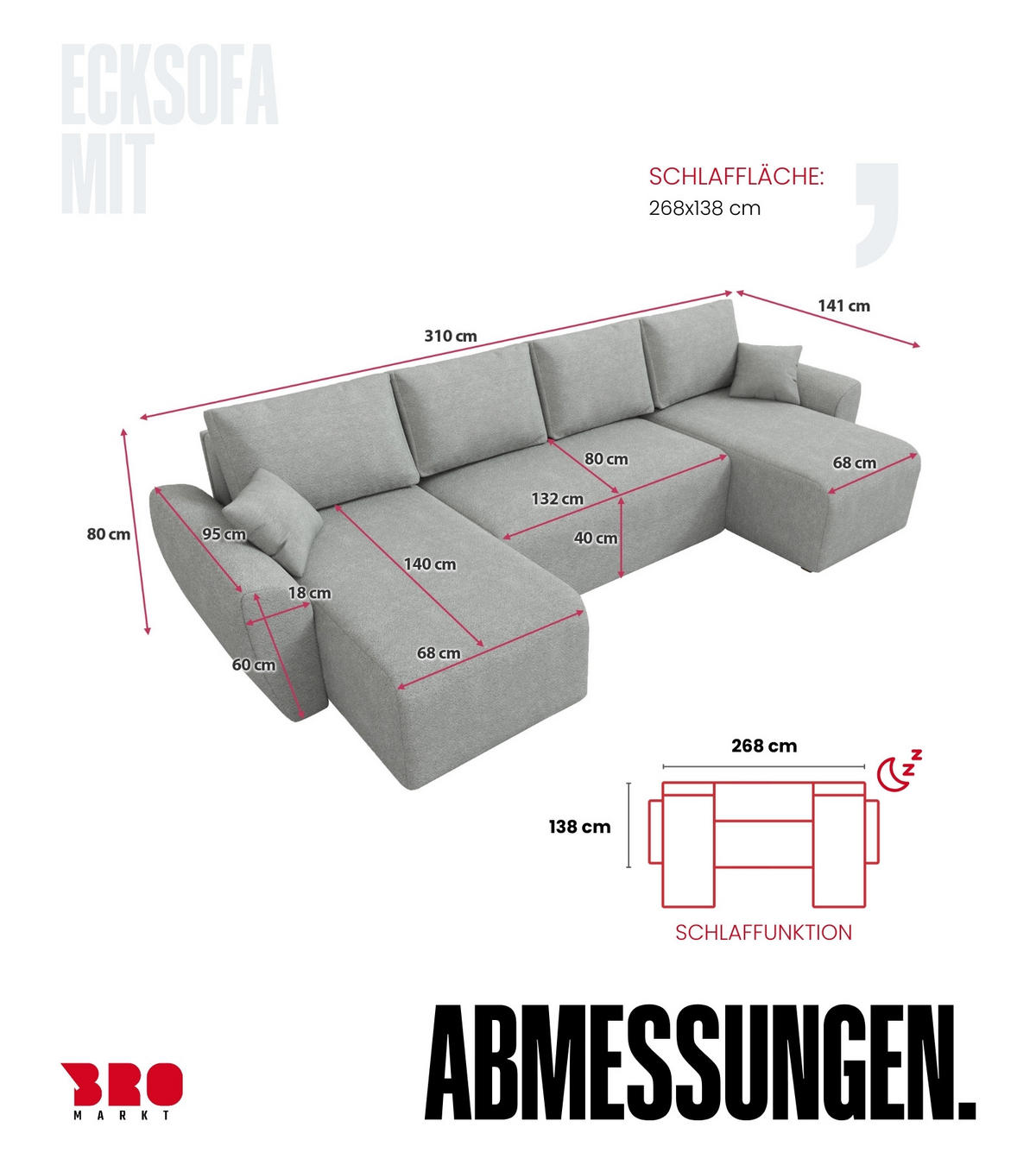WOHLANDSCHAFT Rotterdam U mit Schlaffunktion Grau Bouclé - Hellgrau, Textil (310/80/141cm) - Bromarkt