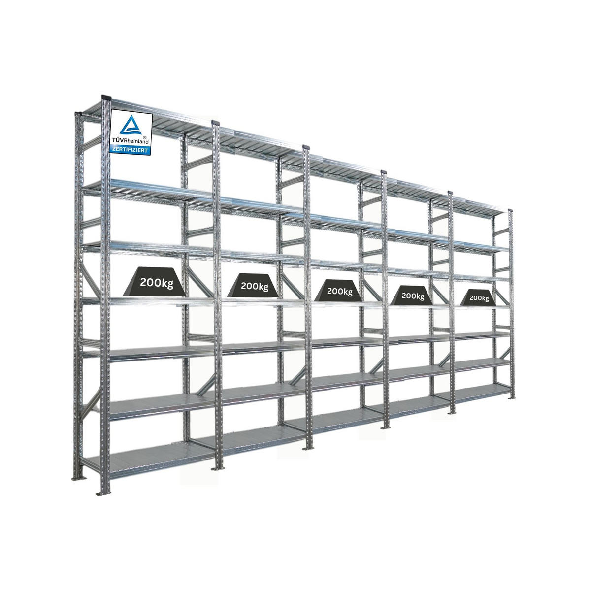 FACHBODENREGAL Proximo Stecksystem 250x450x40cm 7 Ebenen Beidseitig nutzbar Verzinkt - Silberfarben, Metall (450/250/40cm) - PROREGAL