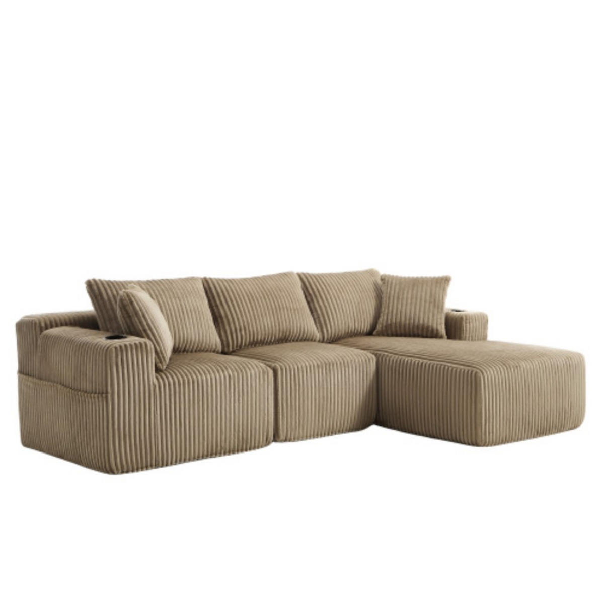 ECKSOFA Inklusive 5 Kissen,seitlicher Stauraum und Getränkehalter, Khaki - Cappuccino, Textil (160/257cm) - KOMHTOM