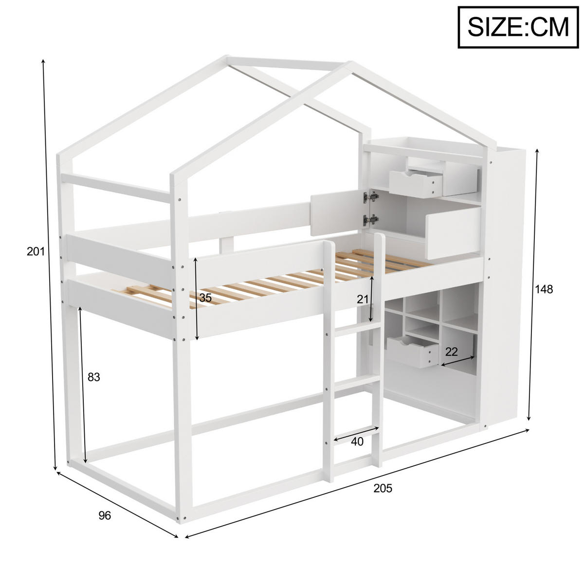 ETAGENBETT 90/200 cm mit Stauraum an beiden Kopfteilen, Sicherheitsgeländer und offenem Unterbett aus Kiefern , Weiß - Weiß, Holzwerkstoff (90/200cm) - Redom