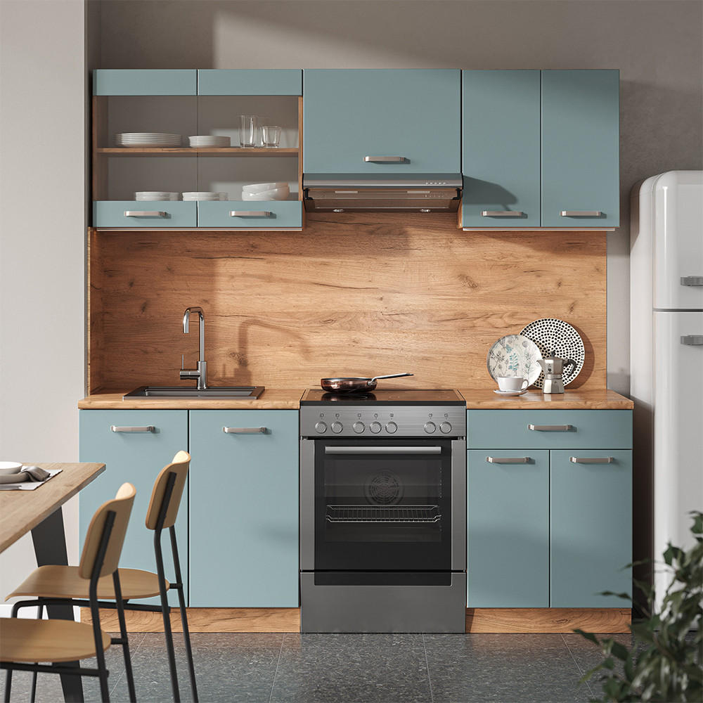 KÜCHE R-Line Blau-Grau/Goldkraft Eiche 200 cm ohne AP - Eiche Wotan/Blaugrau, Holzwerkstoff (200/81.6/46cm) - Vicco