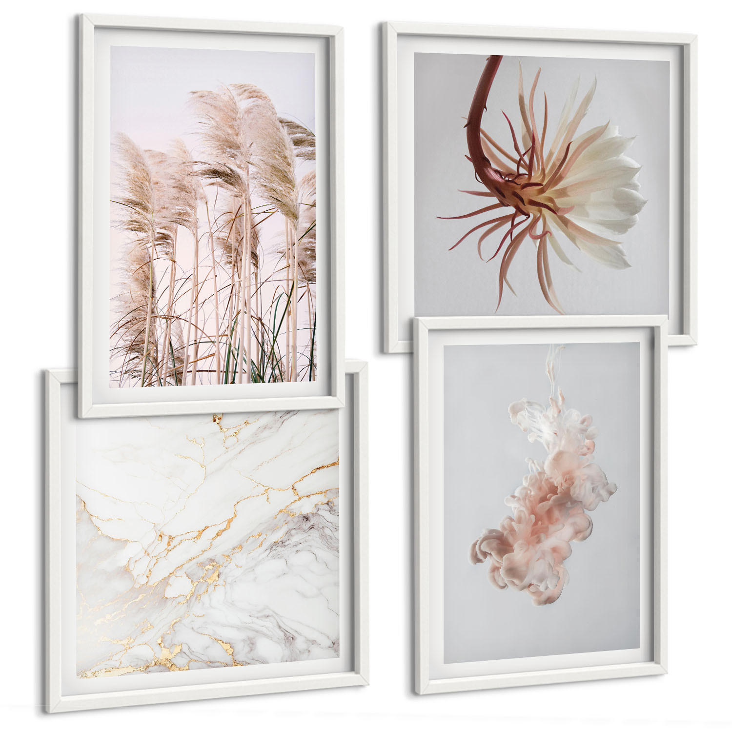 BILDER SET 4er Set - 50x50 cm & 40x60 cm Weißer Rahmen - Elegante Gräser, Blumen, Marmor - Weiß, Kunststoff (50/50cm) - TULUP