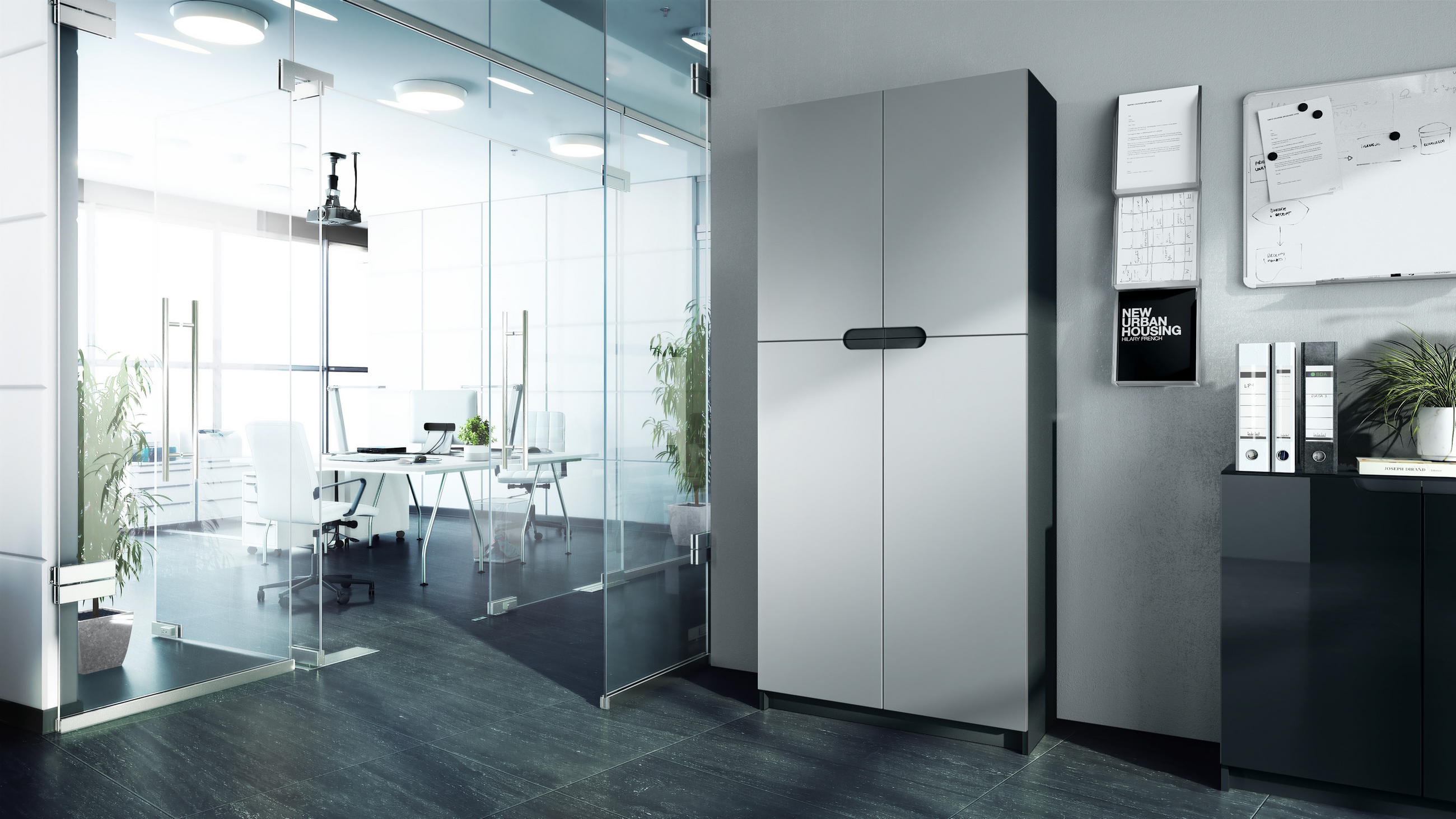 BÜROSCHRANK Logan Fronten in Hellgrau Seidenmatt - Greige, Holzwerkstoff (82/185/37cm) - Vladon