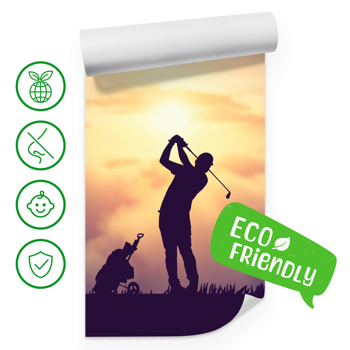 FOTOTAPETE für Jugendzimmer Golfer Sonnenuntergang Silhouette Sport 200x140 - Gelb/Violett, Papier (200/140cm) - Muralo