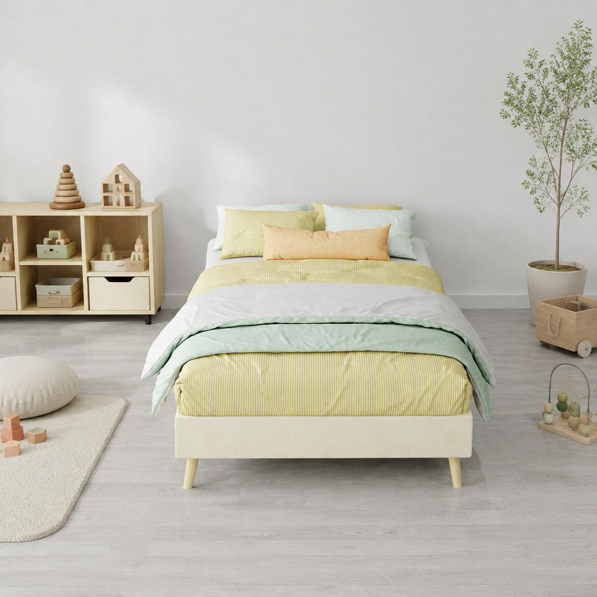 POLSTERBETT 90/200 mit Cartoon-Kopfteil und Samtbezug in Beige - Beige, Holzwerkstoff/Textil (90/200cm) - EVRYAE