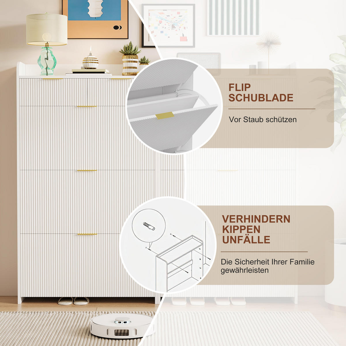 SCHUHSCHRANK mit 3 Fächern und 2 Schubladen, Eingangsmöbel, Weiß - Weiß, Holz (24/133/77cm) - GENKI LIVING