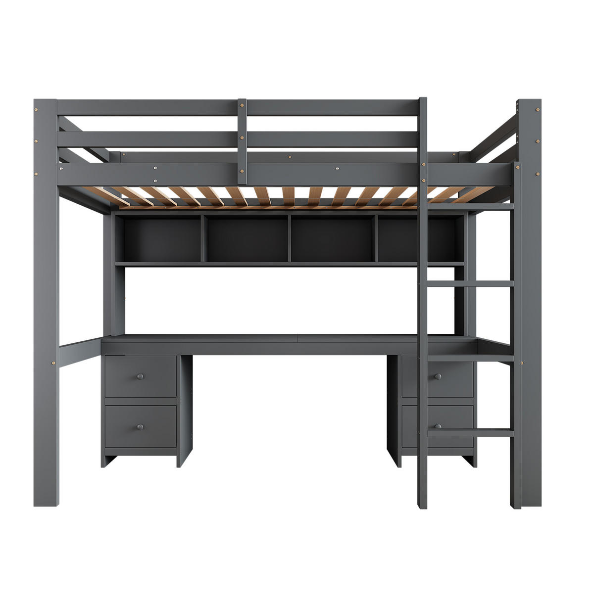 HOCHBETT aus Kiefernholz/MDF 90x200 cm in Grau mit Schreibtisch & Stauraum - Grau, Holz (90/200cm) - Modfu
