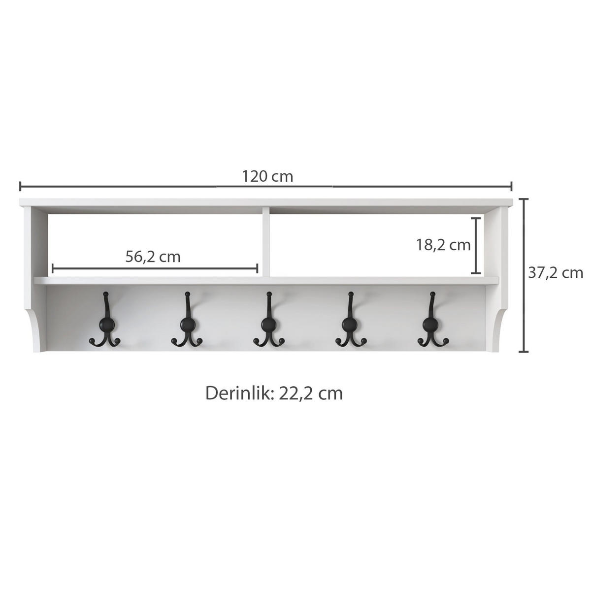 GARDEROBE mit 2 fächern und 5 haken 22,2/120/37,2 cm - Weiß, Holzwerkstoff (22.2/37.2/27cm) - Calicosy