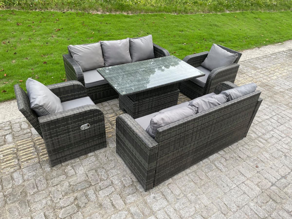 GARTENSOFA Hohe Rückenlehne Polyrattan 8-Sitzer - Dunkelgrau/Grau, Glas/Kunststoff - Fimous