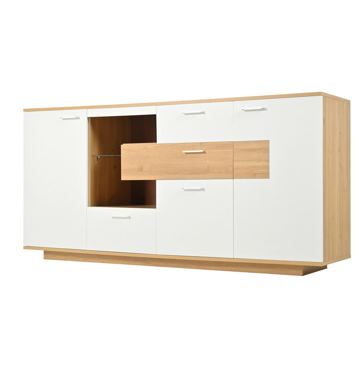 SIDEBOARD 160/40/77 cm in Weiß und Holzoptik mit LED-Beleuchtung und 4 Schubladen - Naturfarben, Holzwerkstoff (160/77/40cm) - Flora Grace