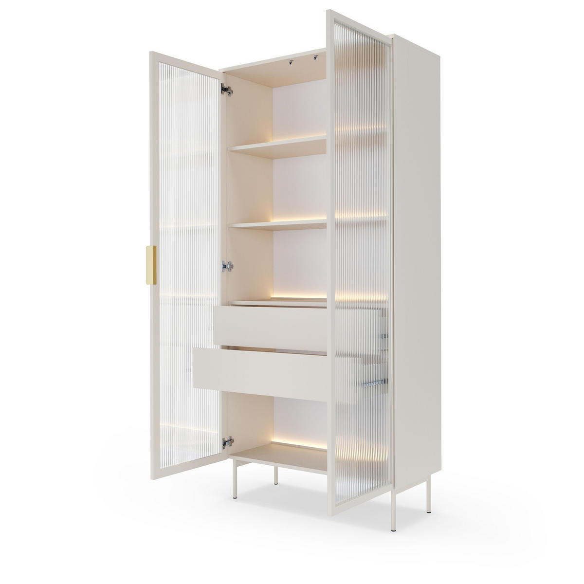 VITRINE LUMI 92 cm Kaschmir - mit Riffelglas und LED-Beleuchtung - Kaschmir/Goldfarben, Holz/Holzwerkstoff (92/195/39cm) - Ravio