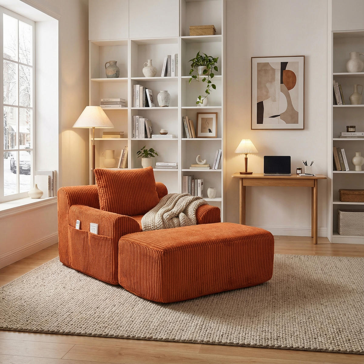 SESSEL mit Hocker in Cord Übergroßer Relaxsessel - Orange, Textil (147/67/110cm) - Urban Meuble