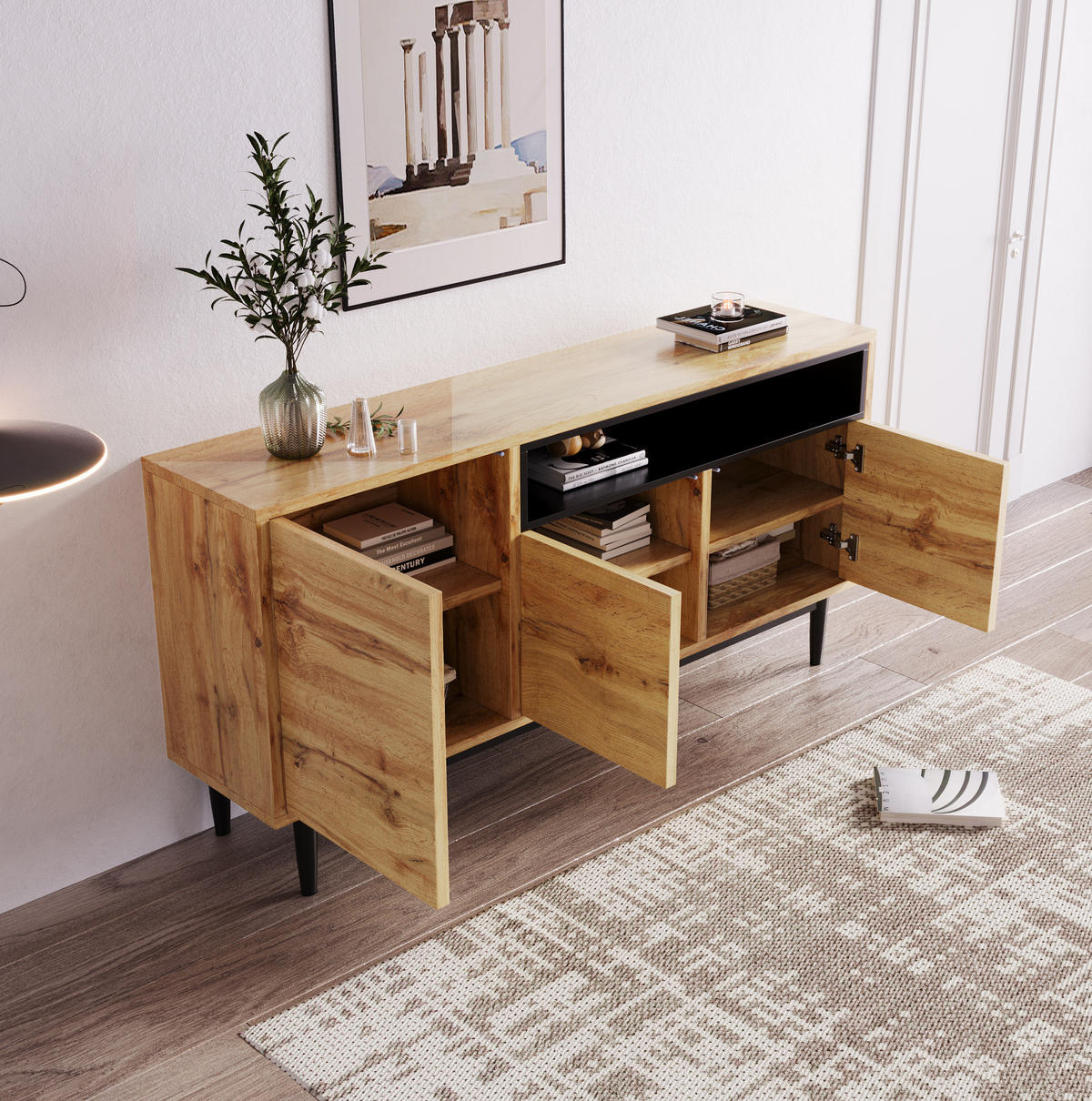SIDEBOARD 160/35/76 cm mit 3 Türen in Schwarz/Holzfarben - Naturfarben, Holzwerkstoff (160/76/35cm) - BEAOK